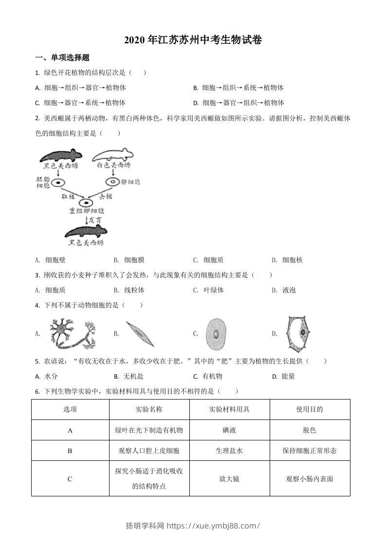 江苏省苏州市2020年学业考试生物试题（空白卷）-扬明学科网