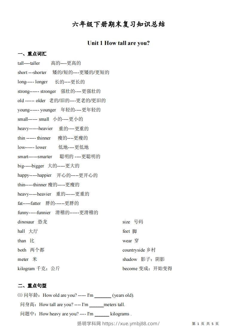 六下人教版PEP英语期末复习知识总结-扬明学科网