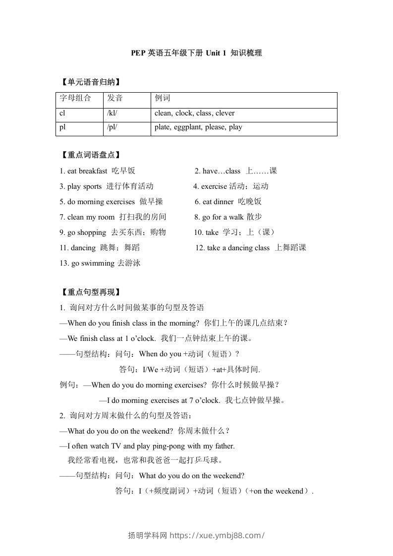 五年级英语下册单元知识梳理-Unit1Myday（人教PEP版）-扬明学科网