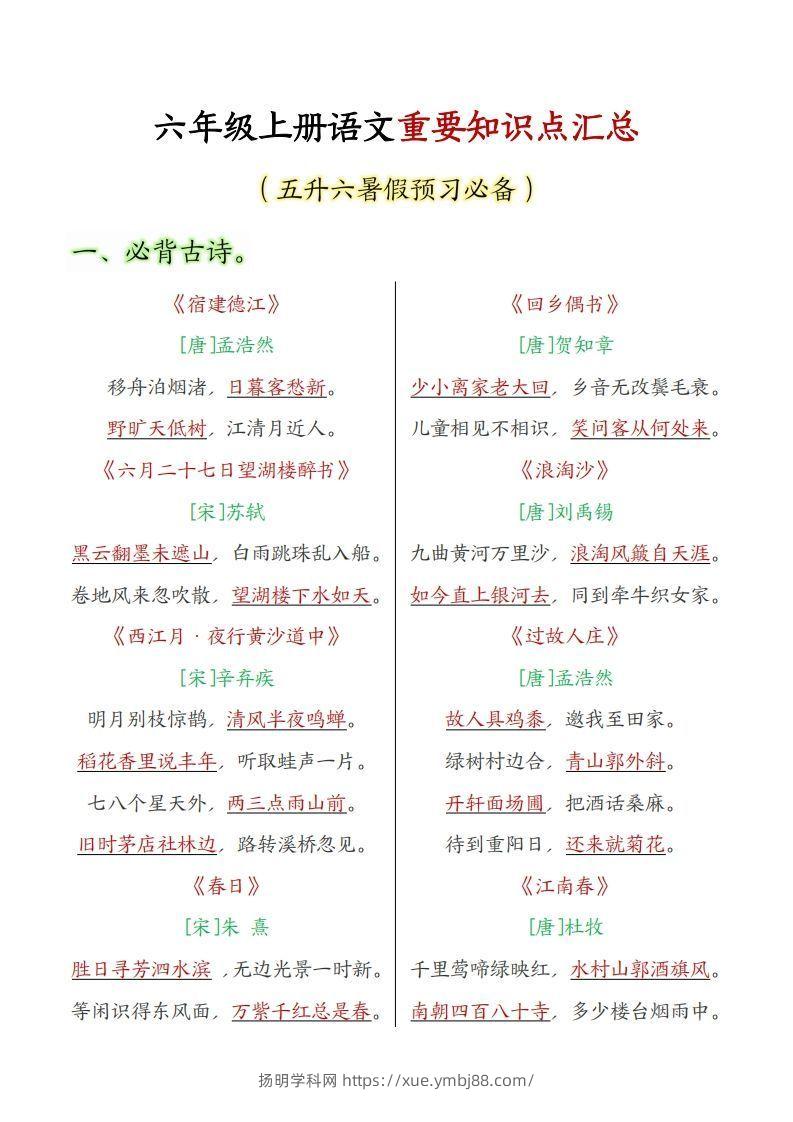 六年级上册语文重要知识点汇总-扬明学科网