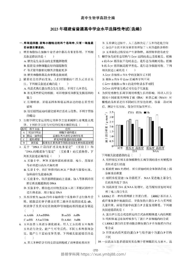 2023年高考生物试卷（福建）（答案卷）-扬明学科网
