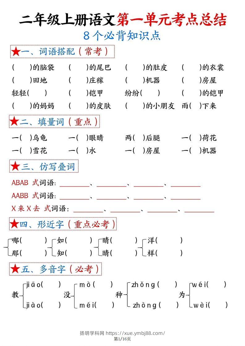 【空白版】二年级上册语文1-8单元考点总结-扬明学科网