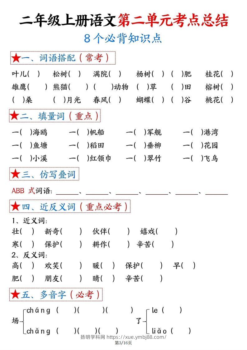 图片[3]-【空白版】二年级上册语文1-8单元考点总结-扬明学科网