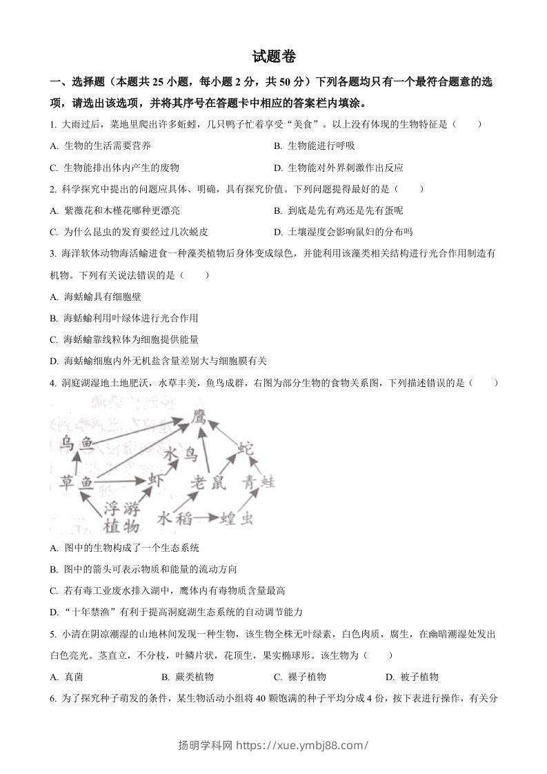 2023年湖南益阳中考生物真题（空白卷）-扬明学科网