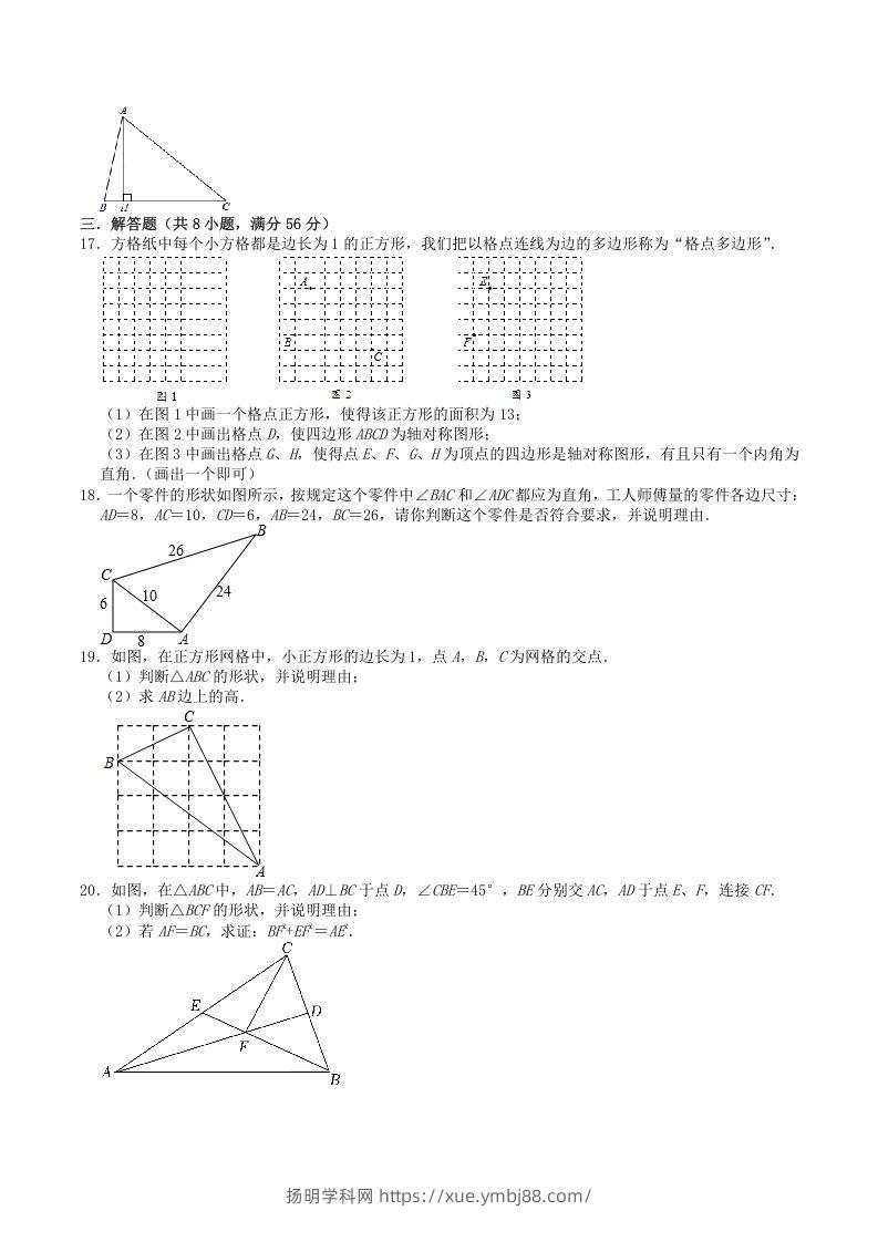 图片[3]-2022-2023学年北师大版八年级数学上册第一章勾股定理单元综合测试题及答案(Word版)-扬明学科网