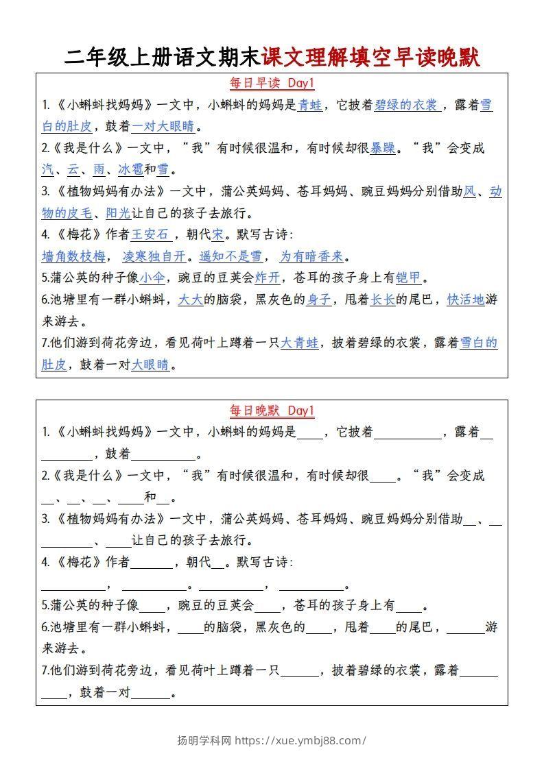 【期末课文理解填空早读晚默】二上语文-扬明学科网
