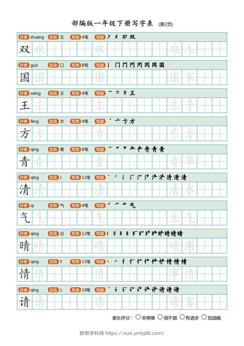图片[2]-一年级语文下册写字表描红(含拼音笔顺词组)（20页）PDF（部编版）-扬明学科网