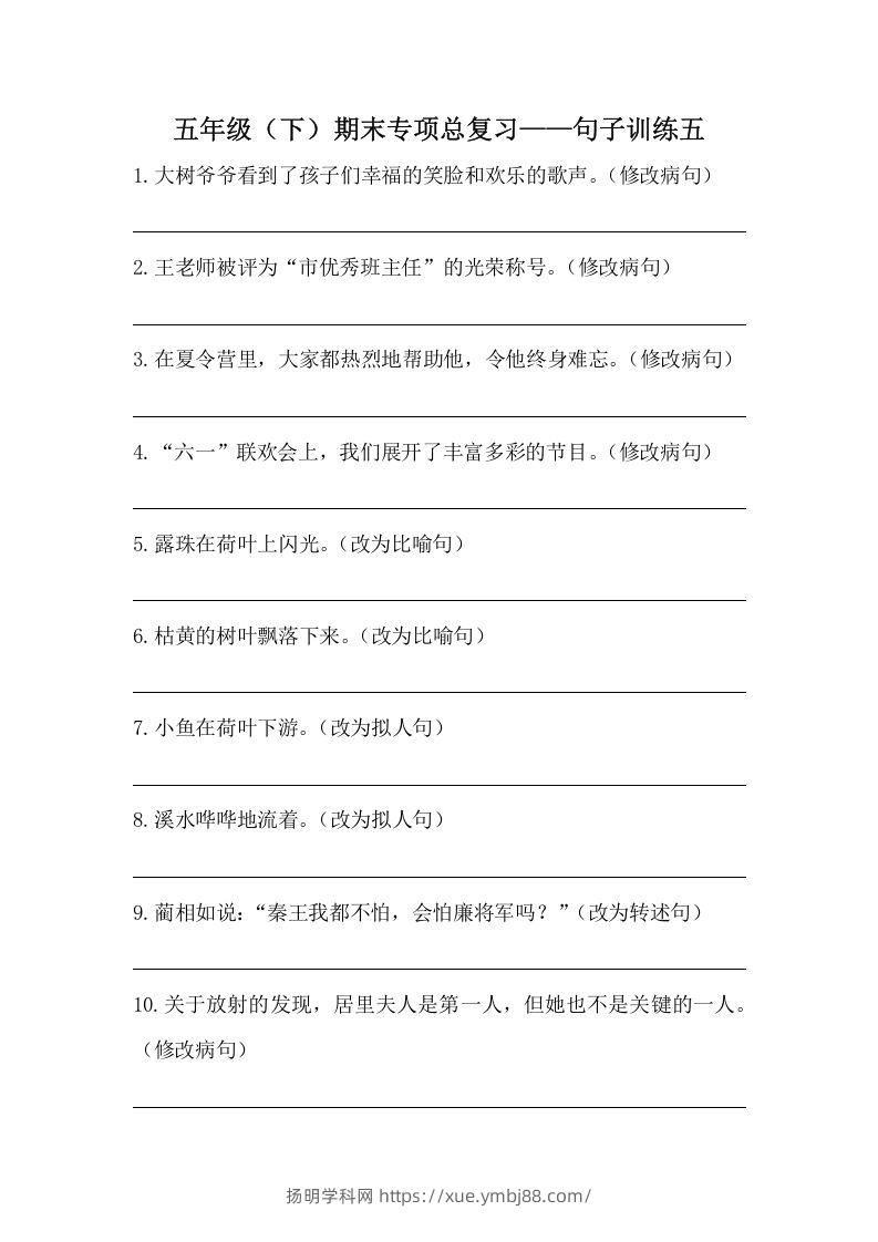 五年级语文下册期末句子训练专项训练（五）（含答案）（部编版）-扬明学科网