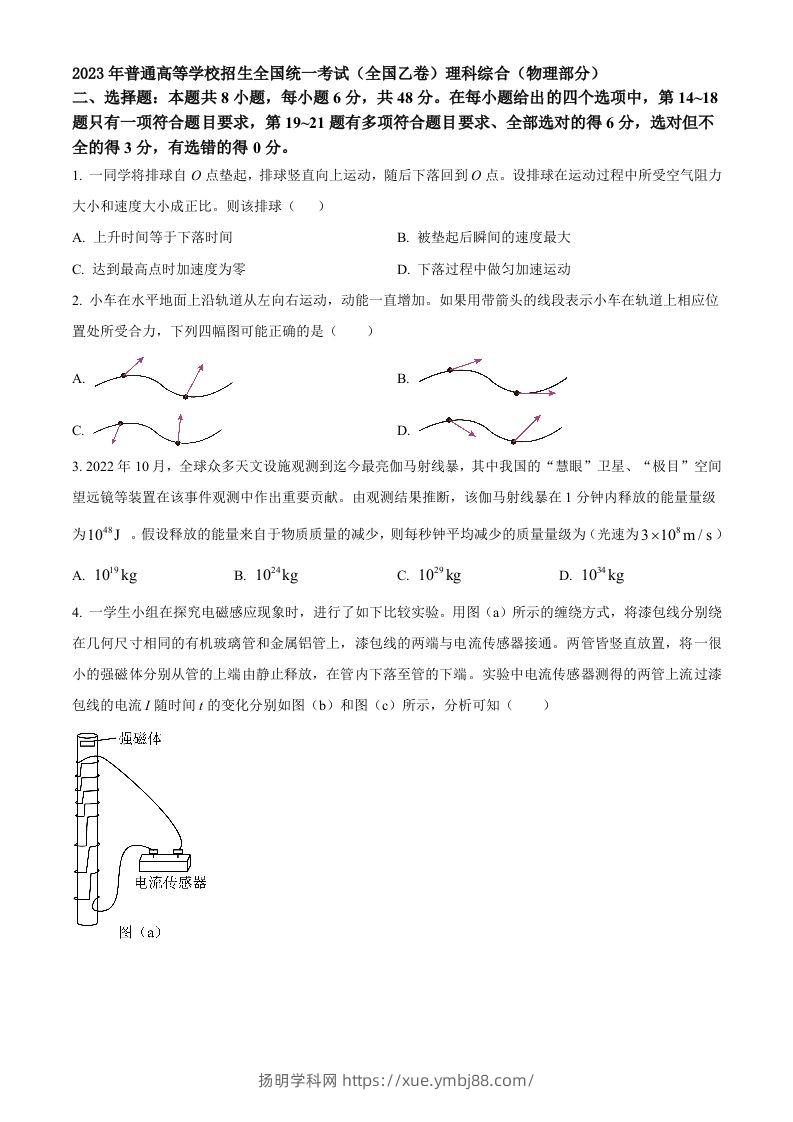 2023年高考物理试卷（全国乙卷）（空白卷）-扬明学科网