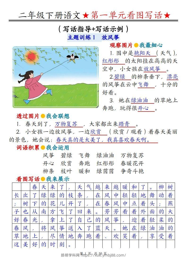 二下语文1-8单元看图写话指导与范文（范文+练习100页）-扬明学科网