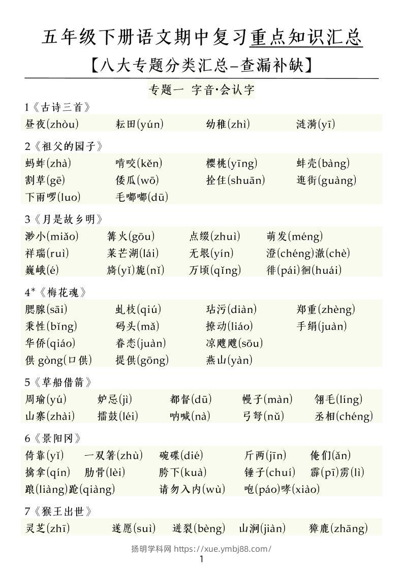 五下语文期中复习八大专题-扬明学科网