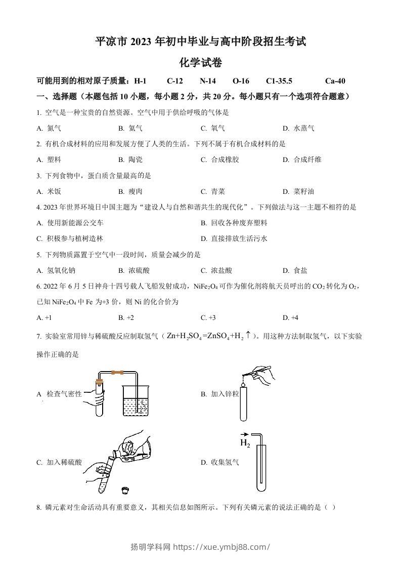 2023年甘肃省平凉市中考化学真题（空白卷）-扬明学科网