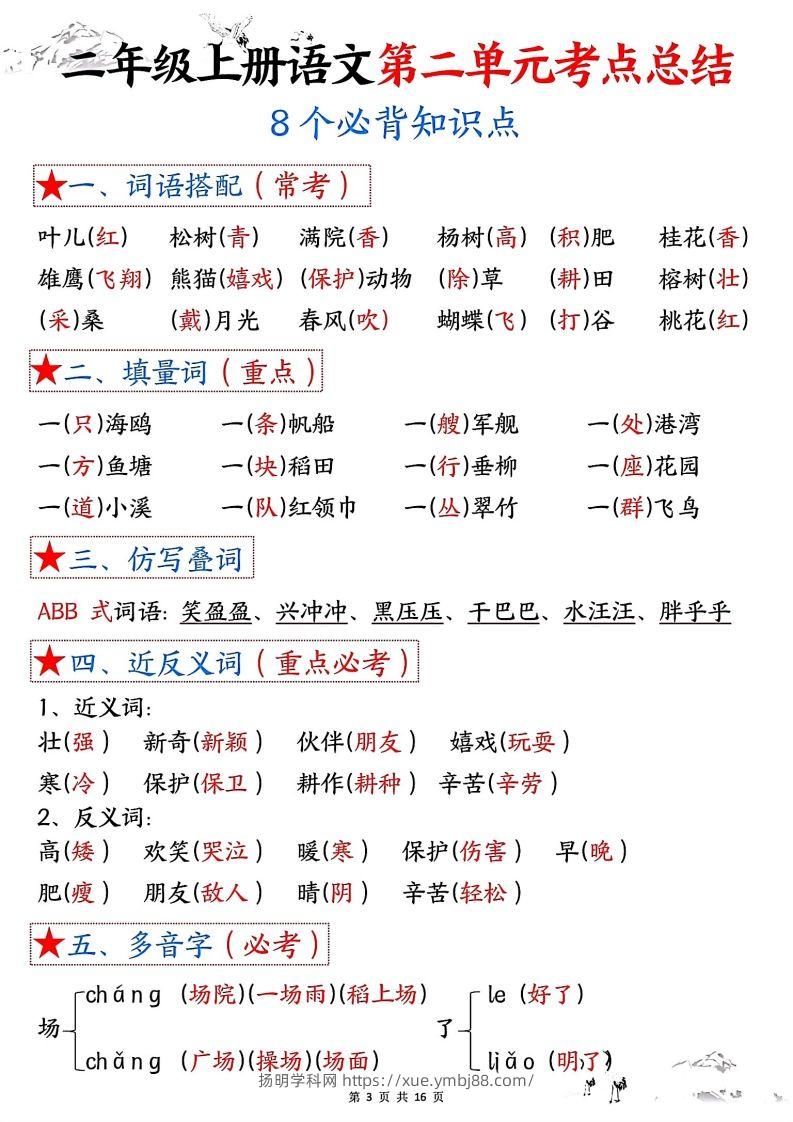 图片[3]-二年级上册语文1-8单元考点总结-扬明学科网
