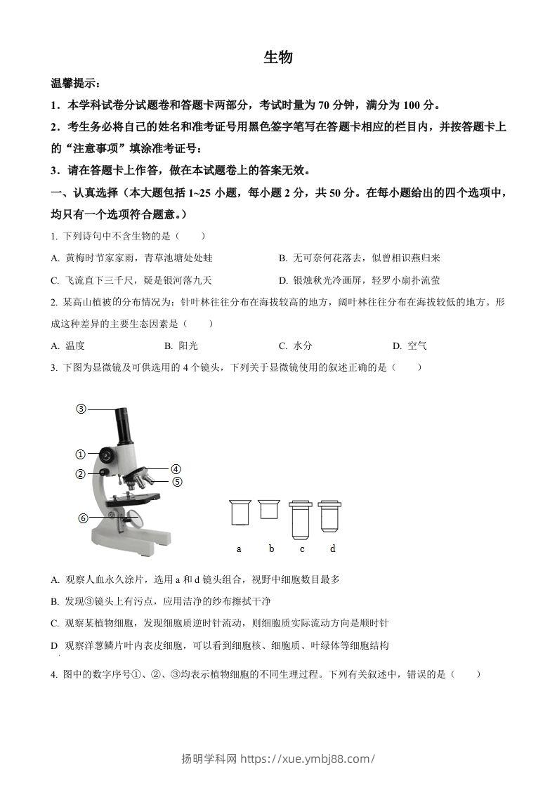 2023年湖南省邵阳市中考生物真题（空白卷）-扬明学科网