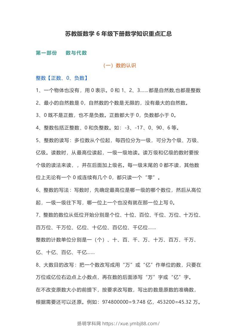苏教版数学6年级下册数学知识点-扬明学科网
