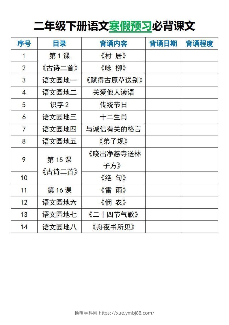 二年级下册语文寒假预习必背课文-扬明学科网