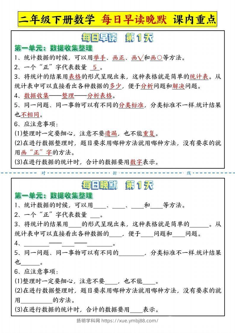 二下人教版数学【每日晨读晚默-重点知识点】-扬明学科网