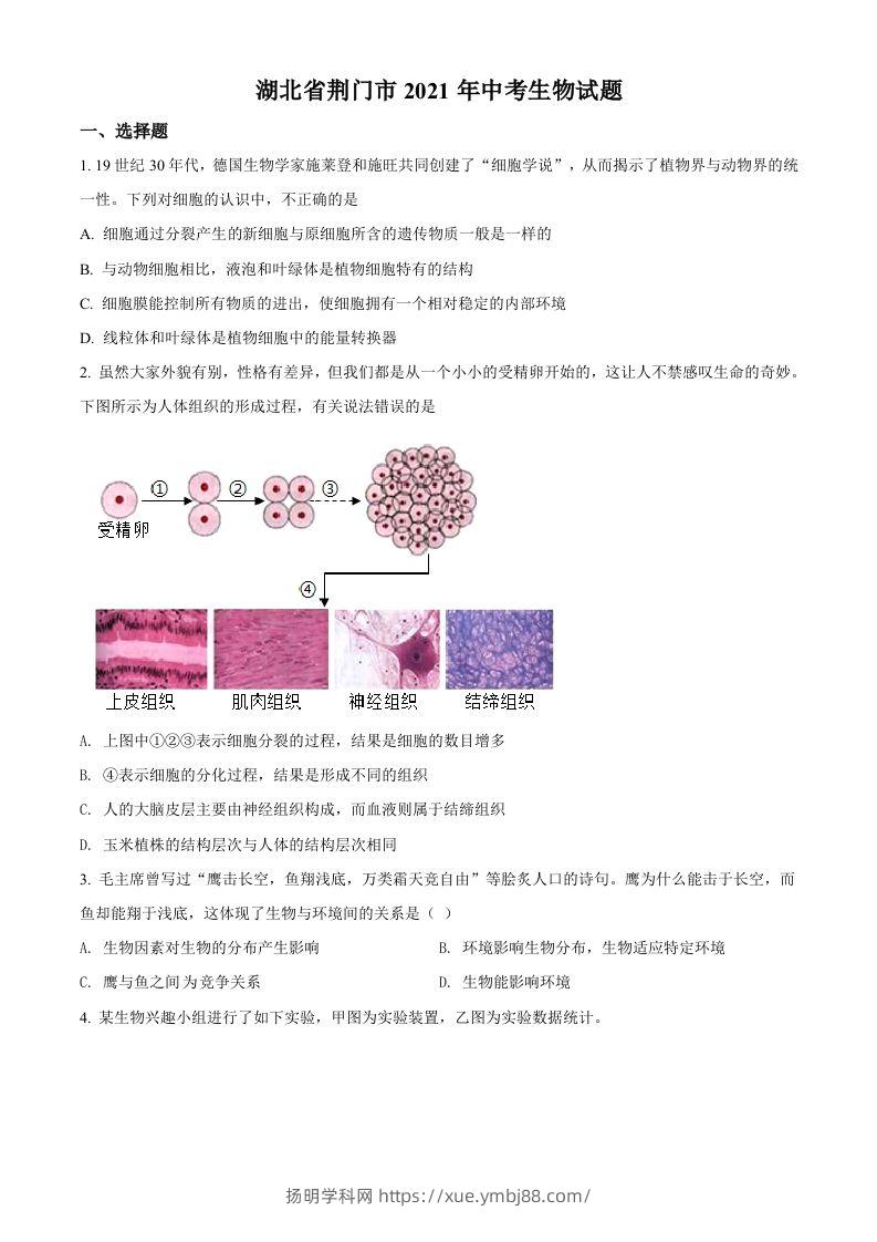 湖北省荆门市2021年中考生物试题（空白卷）-扬明学科网