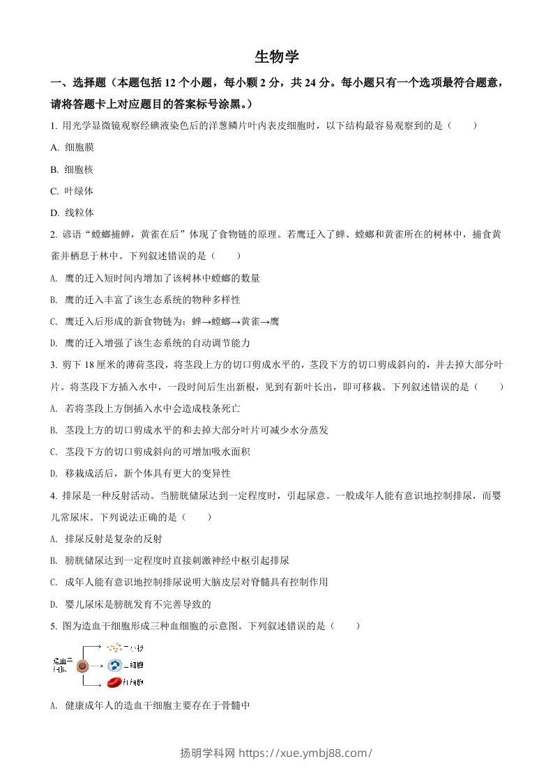 内蒙古包头市2021年中考生物试题（空白卷）-扬明学科网