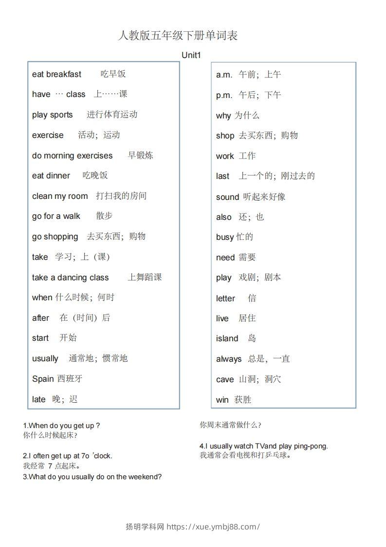 五年级英语下册单词表1（人教PEP版）-扬明学科网