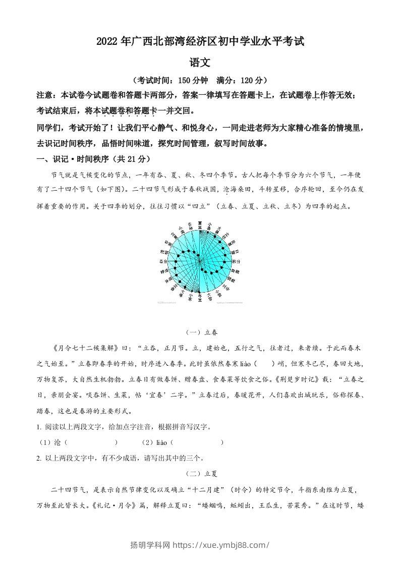 2022年广西北部湾经济区中考语文真题（空白卷）-扬明学科网