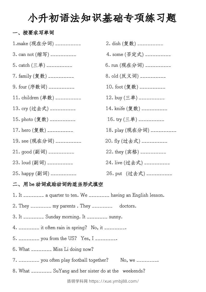 《小升初语法知识基础专项练习题》教科版-扬明学科网