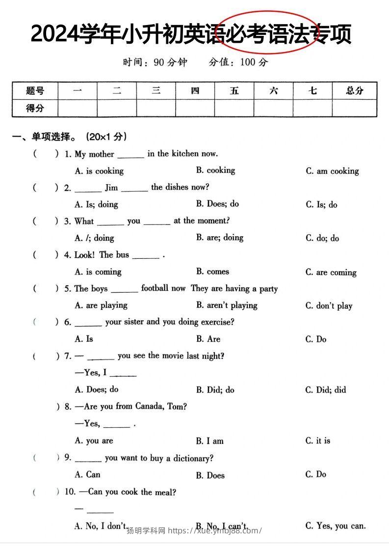 小升初英语语法专项-扬明学科网