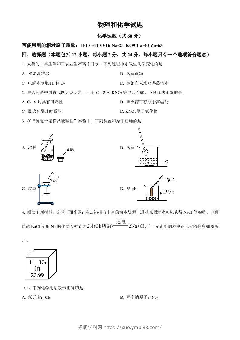 2024年江苏省连云港市中考化学真题（空白卷）-扬明学科网