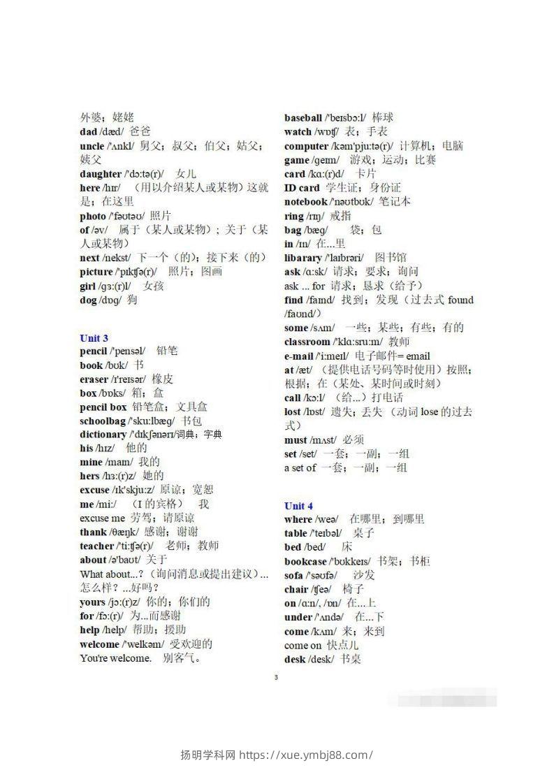 图片[3]-初一英语上册：全册《单词表》（分单元、带音标、词意）-扬明学科网