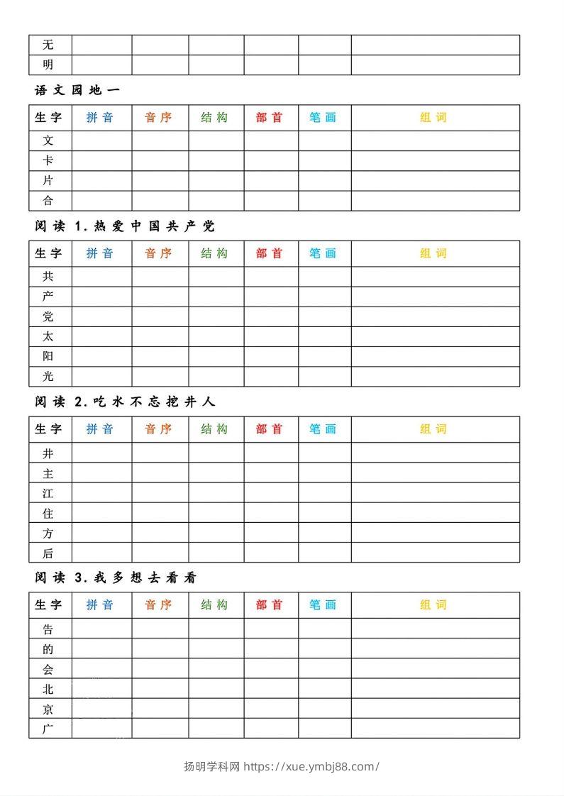 图片[2]-【预习】一年级下册语文生字预习卡-扬明学科网