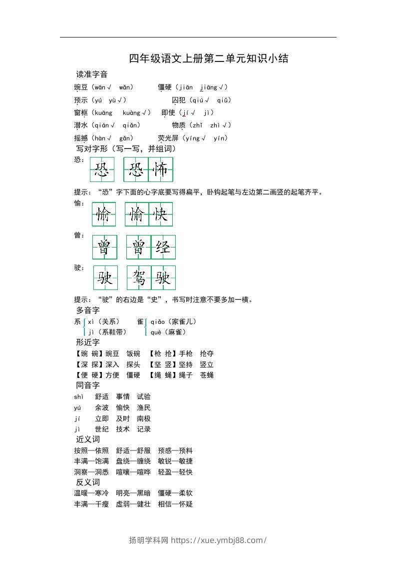 四（上）语文第二单元知识重点-扬明学科网