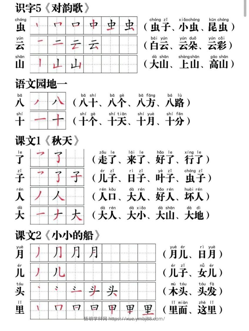 图片[2]-一年级语文上册写字表笔画笔顺组词-扬明学科网