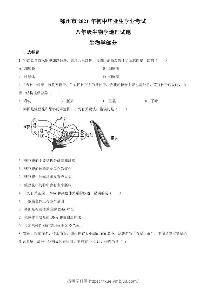 湖北省鄂州市2021年中考生物试题（空白卷）-扬明学科网
