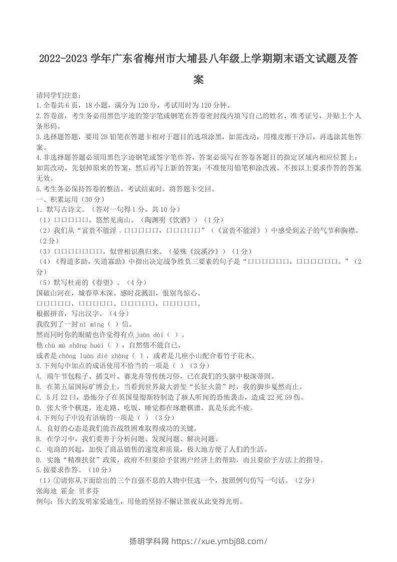 2022-2023学年广东省梅州市大埔县八年级上学期期末语文试题及答案(Word版)-扬明学科网