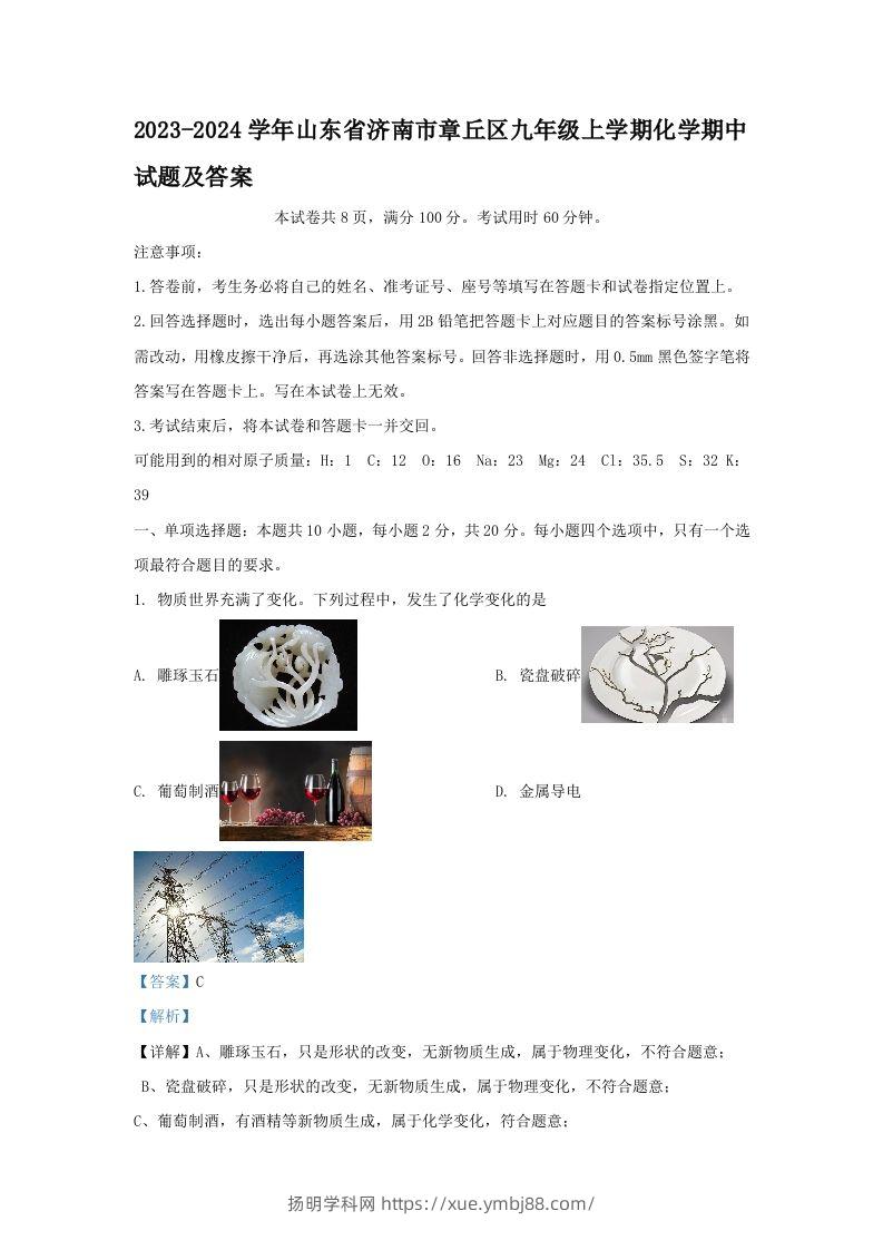 2023-2024学年山东省济南市章丘区九年级上学期化学期中试题及答案(Word版)-扬明学科网
