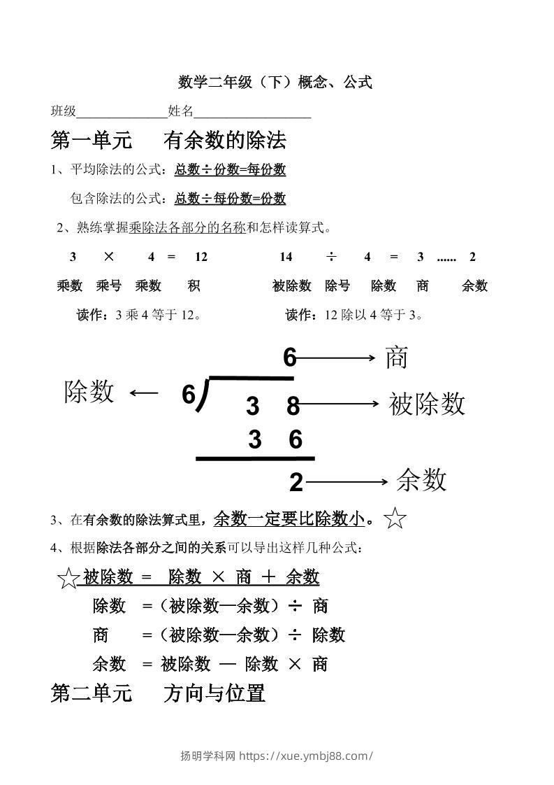 二下北师大数学期末复习概念+公式汇总-扬明学科网