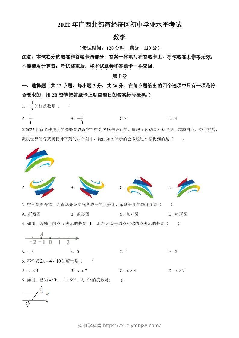2022年广西北部湾经济区中考数学真题（空白卷）-扬明学科网