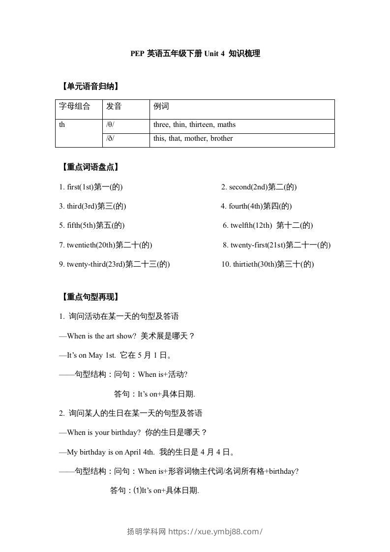 五年级英语下册【完美】单元知识梳理-Unit4Whenistheartshow（人教PEP版）-扬明学科网