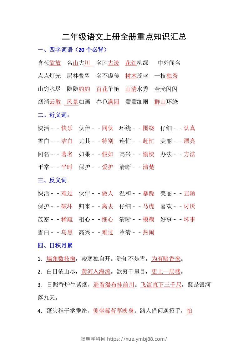 【全册重点知识汇总】二上语文-扬明学科网