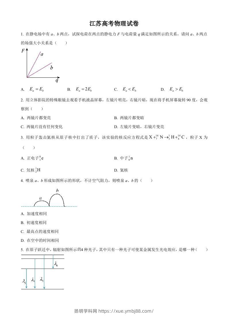 2024年高考物理试卷（江苏）（回忆版）（空白卷）缺第8题、第16题-扬明学科网
