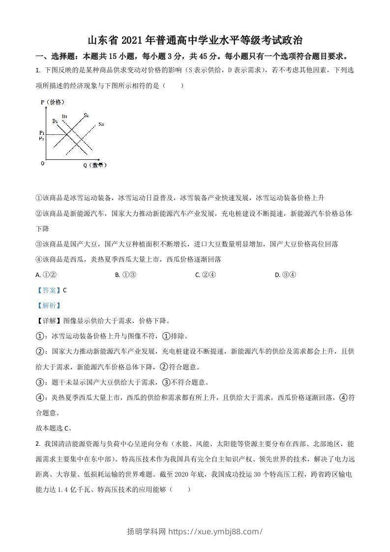 2021年高考政治试卷（山东）（含答案）-扬明学科网