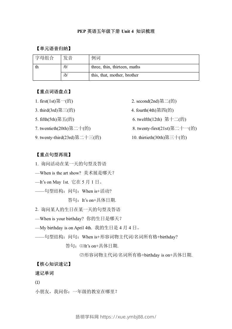 五年级英语下册单元知识梳理-Unit4Whenistheartshow（人教PEP版）-扬明学科网