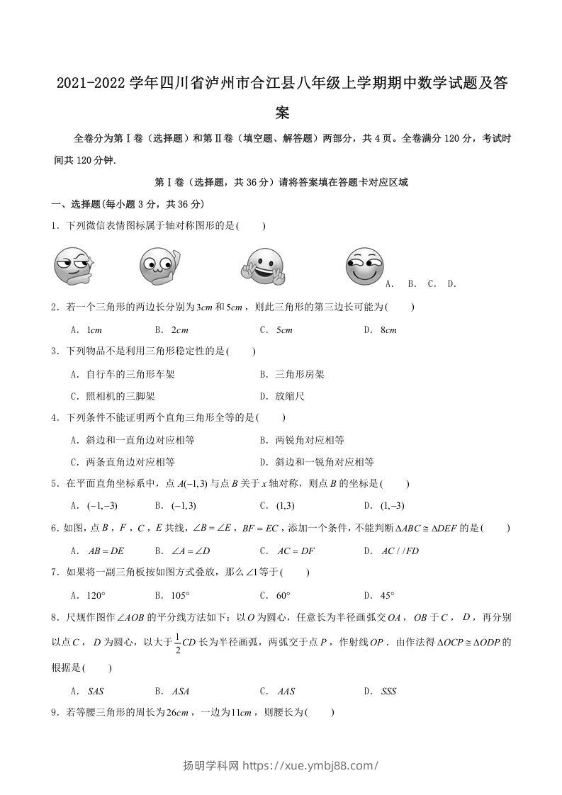 2021-2022学年四川省泸州市合江县八年级上学期期中数学试题及答案(Word版)-扬明学科网
