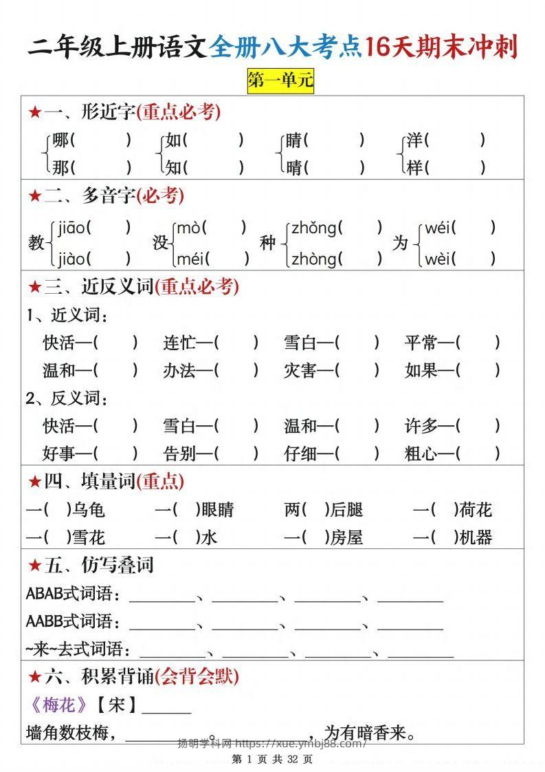 二上语文全册八大考点16天期末冲刺含答案32页-扬明学科网