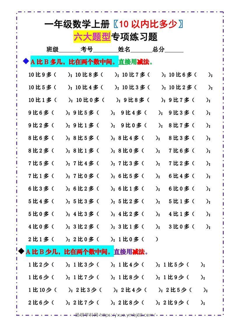 一上数学-《10以内比多少》填空题六大题型（含答案）-扬明学科网