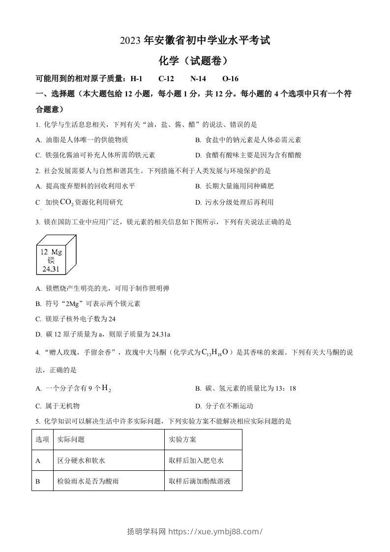 2023年安徽省中考化学真题（空白卷）-扬明学科网