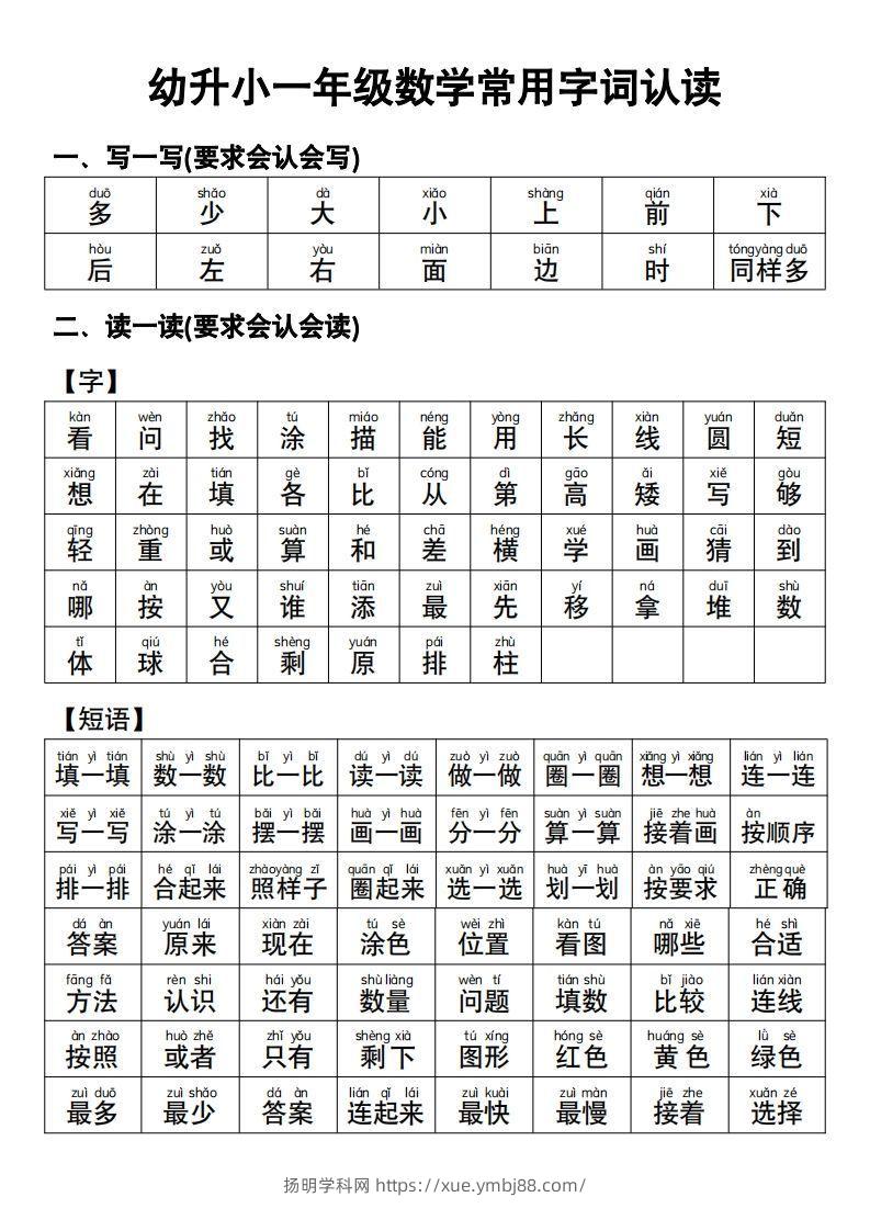 幼小衔接语文常用字词认读-扬明学科网