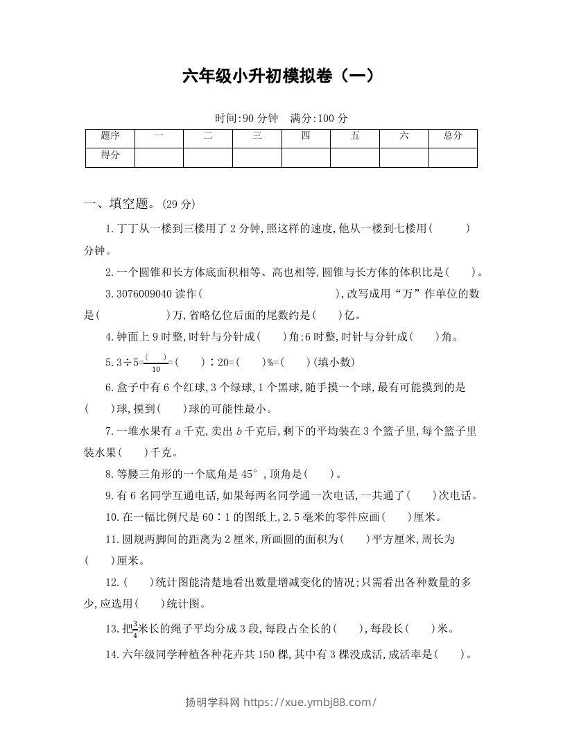 六年级小升初模拟卷（一）-扬明学科网
