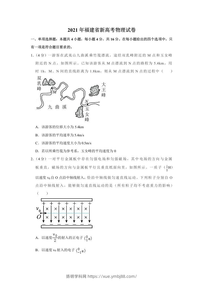 2021年高考物理试卷（福建）（空白卷）-扬明学科网