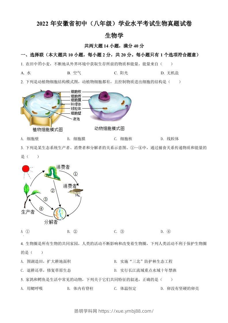2022年安徽省中考生物真题（空白卷）-扬明学科网